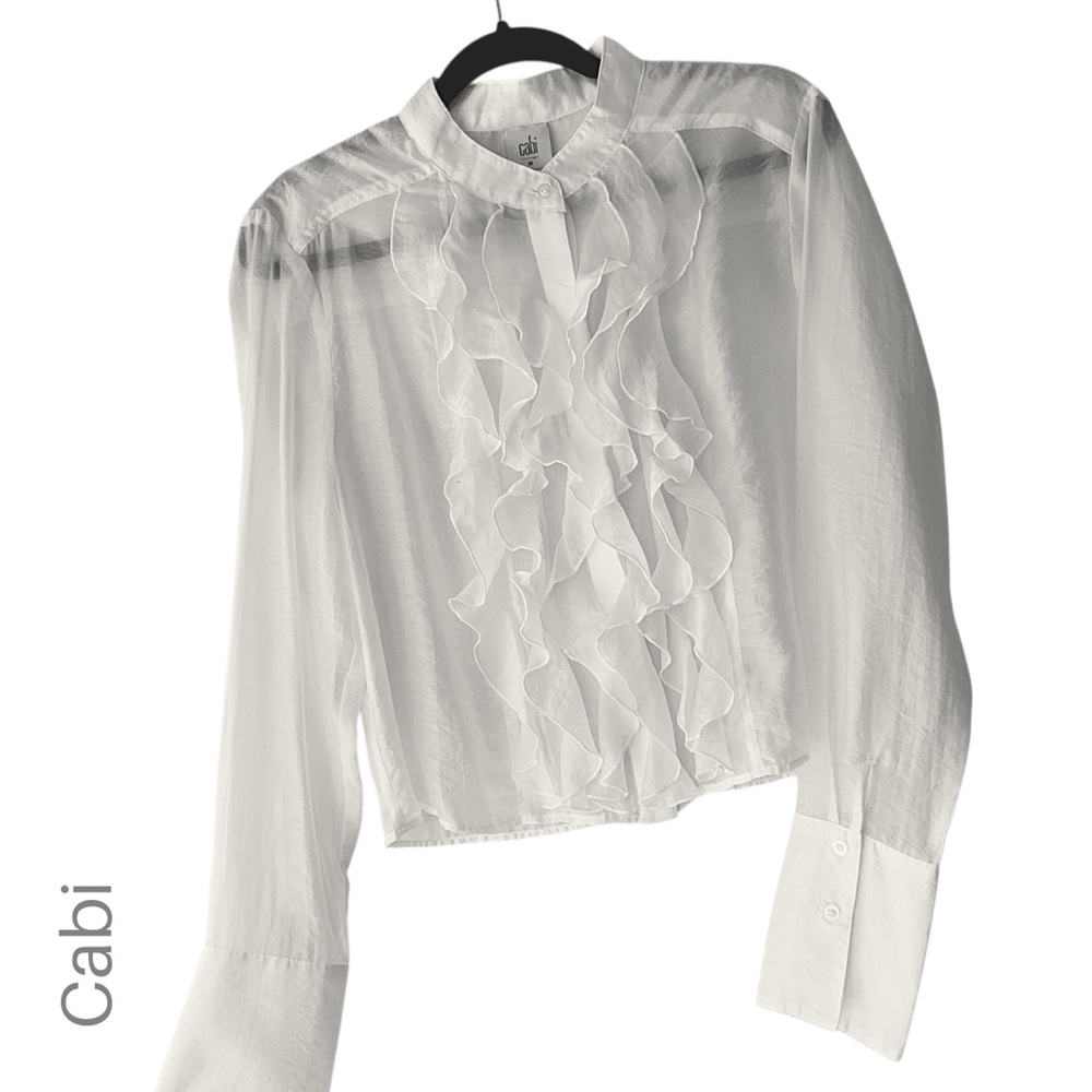 CABI WHITE LONG SLEEVE RUFFLE FRONT NOBLE BLOUSE #4537 BUTTON UP | MEDIUM